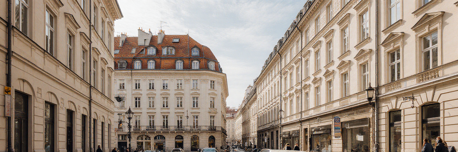 Städtische Wohnhäuser mit gegliederten Fassaden und Dachgeschoßen