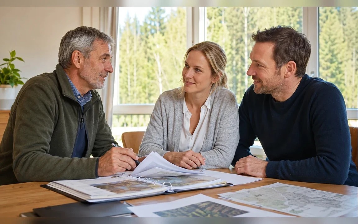 Drei Personen besprechen Immobilienunterlagen