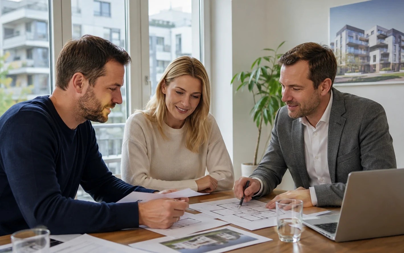 Gespräch über Gebäudepläne an einem Besprechungstisch
